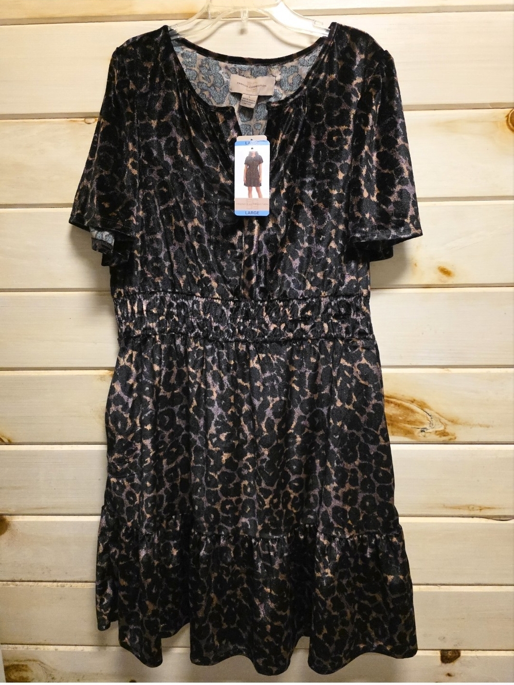 French Connection Leopard Print Short Sleeve Tiered Dress in Black and Brown
